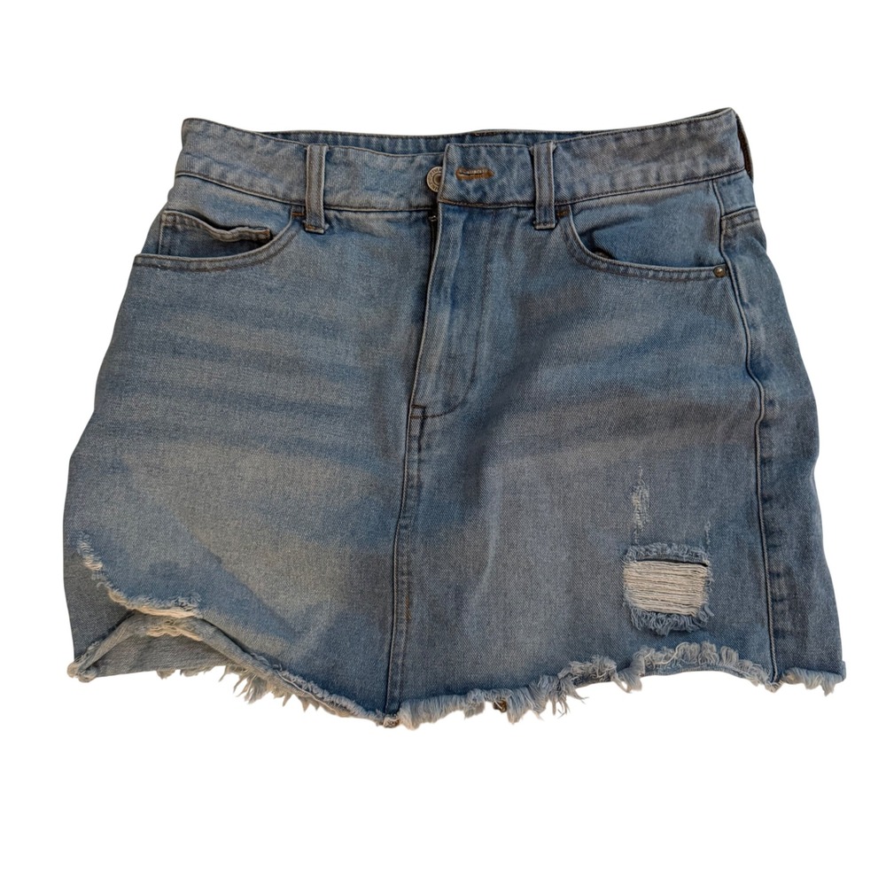 Forever 21 Premium Denim Distressed Mini Skirt Light Wash Raw Hem Size M
